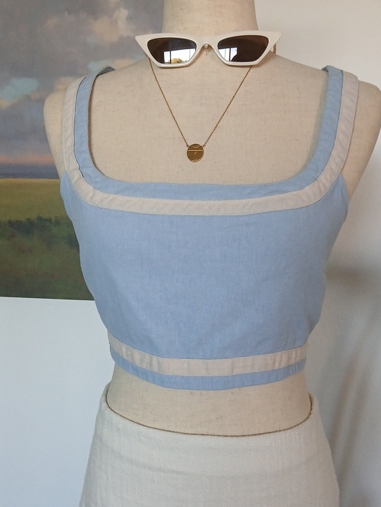 Avec Les Filles Tops - Avec Les Filles Light Blue and Cream Square Neck Crop Top XL